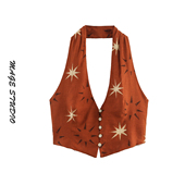 修身 欧美亚麻混纺挂脖吊带背心女2025新款 复古风辣妹短款 显瘦上衣