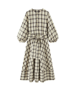 都市格调风格子连衣裙女长袖宽松纽扣配腰带长裙时尚百搭衬衫长裙