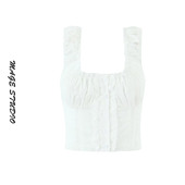 法式 初恋少女风白色刺绣木耳边方领单排扣衬衫 宽肩带背心吊带上衣