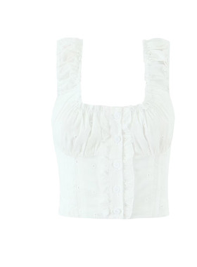 法式初恋少女风白色刺绣木耳边方领单排扣衬衫宽肩带背心吊带上衣