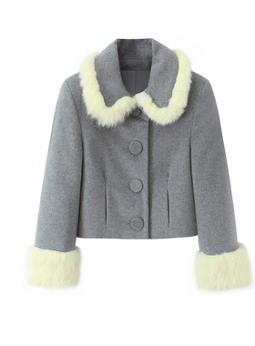 欧美风早春新款毛绒领灰色毛呢外套女短款单排扣气质外套显瘦夹克