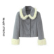 欧美风早春新款 毛绒领灰色毛呢外套女短款 单排扣气质外套显瘦夹克