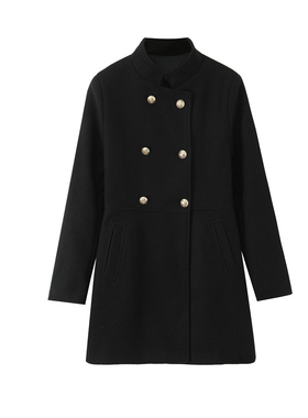 国风个性早春黑色双排扣毛呢外套女长款立领时尚大衣直筒减龄风衣