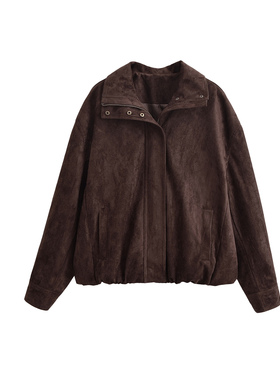 美式工装风女士立领麂皮绒皮短外套长袖拉链夹克百搭休闲宽松上衣