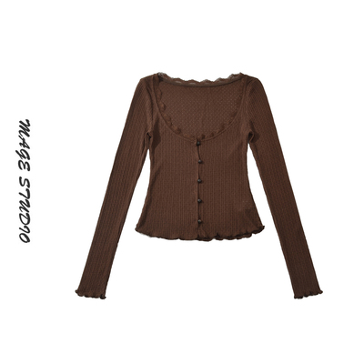 欧美辣妹V领花边修身针织开衫