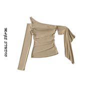 斜肩长袖 针织衫 女设计感褶皱收腰短款 2026早春新款 上衣性感打底衫