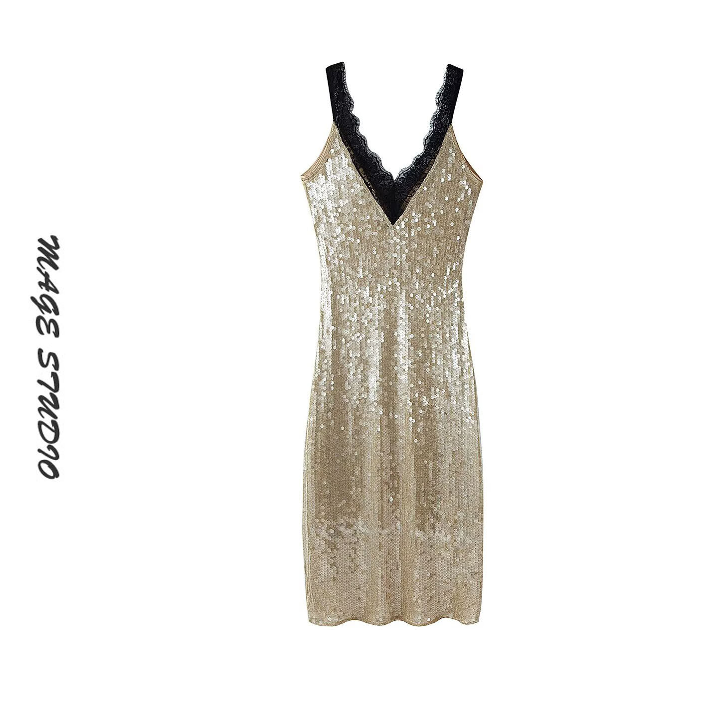 欧美风亮片拼接蕾丝V领吊带连衣裙女修身显瘦长裙包臀时尚背心裙,女装/女士精品,连衣裙,淘宝优惠券,粉丝福利购,淘宝优惠卷