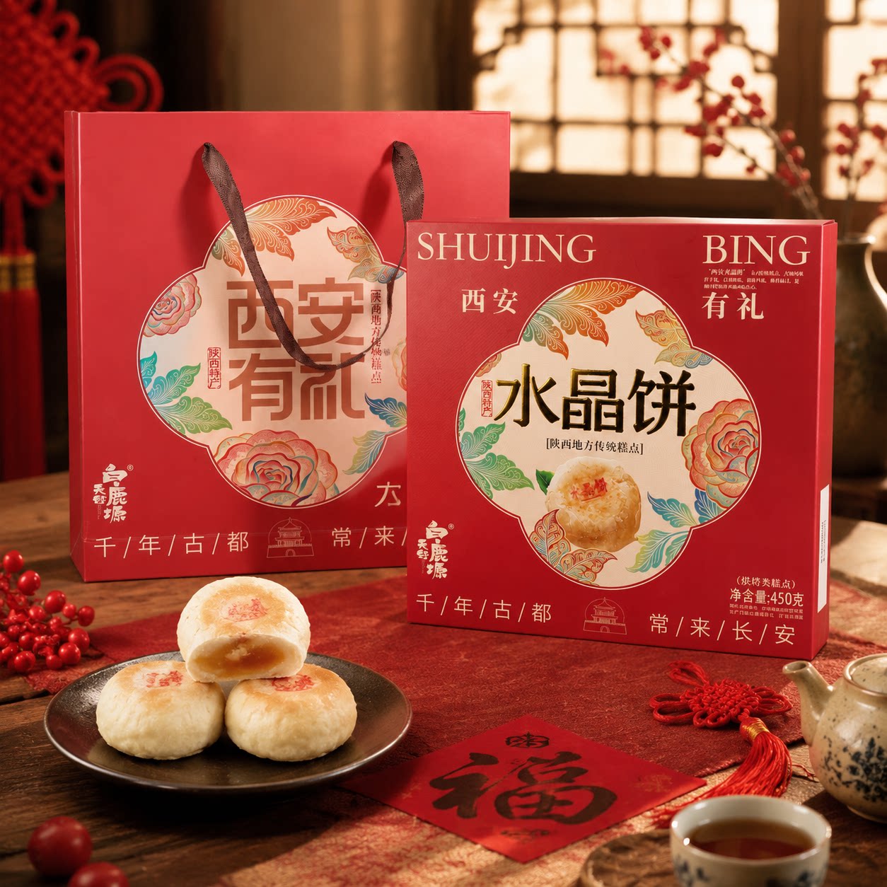 天野白鹿塬水晶饼礼盒装450g西安特产传统糕点过年过节中秋伴手礼