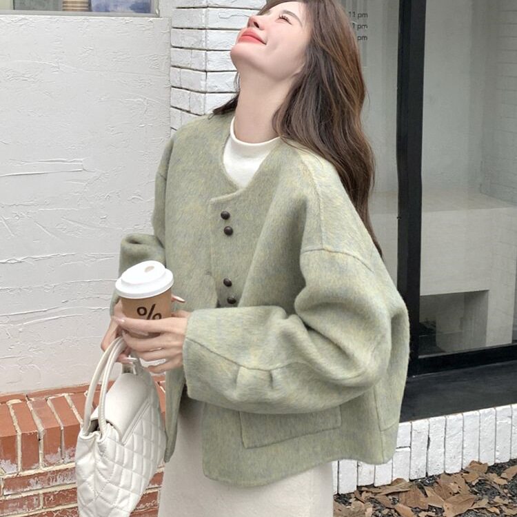爱迷鹿小香风绿色单面呢小个子外套女春冬短款感韩系气质