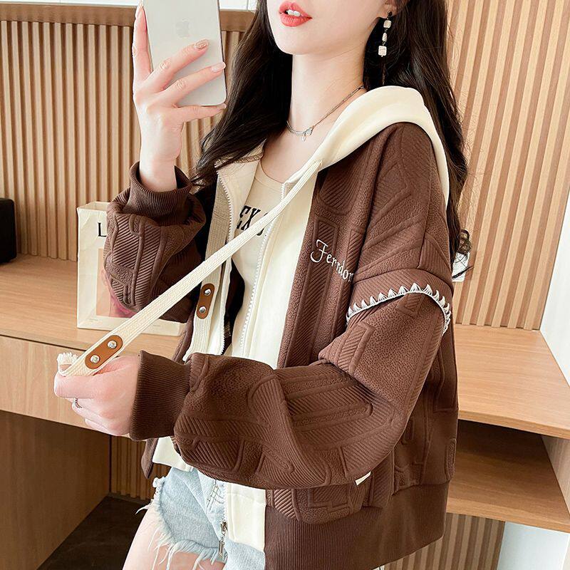 春季连帽撞色短款外套女春秋薄款卫衣宽松初中学生小个子开衫上衣