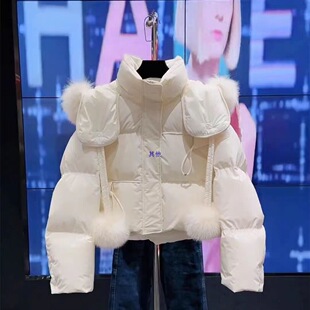 冬季新款小香风韩系小个子白色毛领加厚连帽棉服短款外套