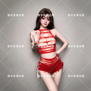 酒吧GOGO服装女领舞性感DS演出服dj舞台大气歌手红色镂空透视套装