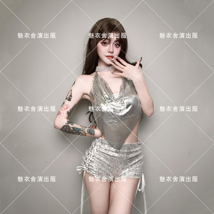 夜店女团酒吧DS演出服新款DJ领舞台chic性感辣妹银色亮片时尚套装