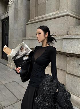Fanptntox黑色秘密网纱拼接设计感T恤打底衫秋冬显瘦气质内搭上衣