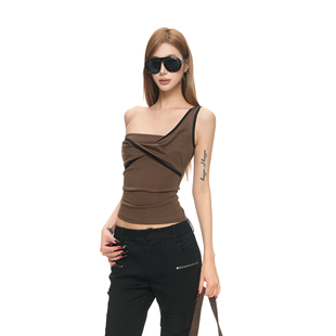 Fanptntox 立体剪裁扭结塑性撞色边单肩上衣修身弹力无袖吊带背心