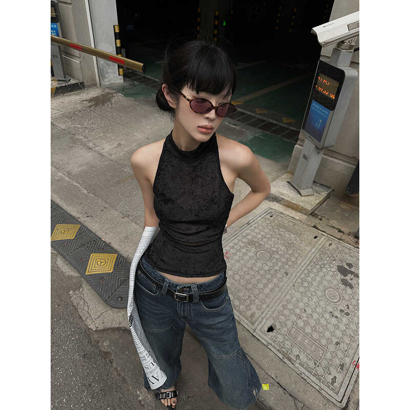 Fanptntox 无袖挂脖背心女夏季新款气质修身显瘦纯色百搭上衣内搭