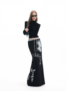 Fanptntox黑色印花显瘦系带松紧腰半身裙修身低腰弹力后开叉长裙