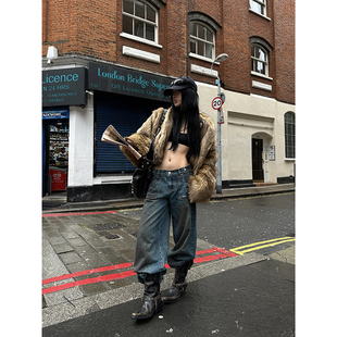 百搭休闲裤 Fanptntox 宽松直筒阔腿长裤 女秋冬新款 做旧洗脏牛仔裤