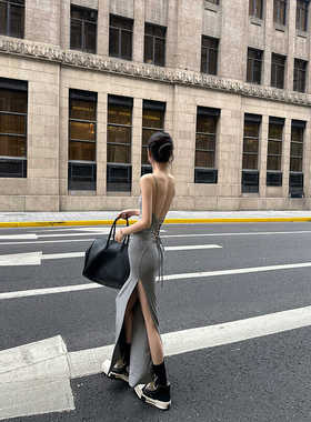 Fanptntox 镂空露背吊带连衣裙女夏季纯欲性感包臀小妈裙抹胸裙子