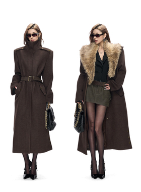 Fanptntox·棕色复古保暖长款毛呢外套女收腰羊毛可立领正肩大衣