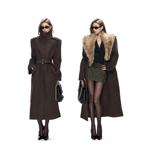 Fanptntox·棕色复古保暖长款毛呢外套女收腰羊毛可立领正肩大衣