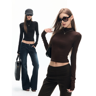 Fanptntox纯色短款露腰高领针织T恤简约基础修身弹力打底长袖上衣