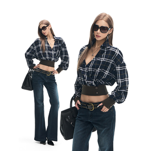 Fanptntox时尚撞色收腰短款长袖上衣拼接天丝提花格纹宽松衬衫女