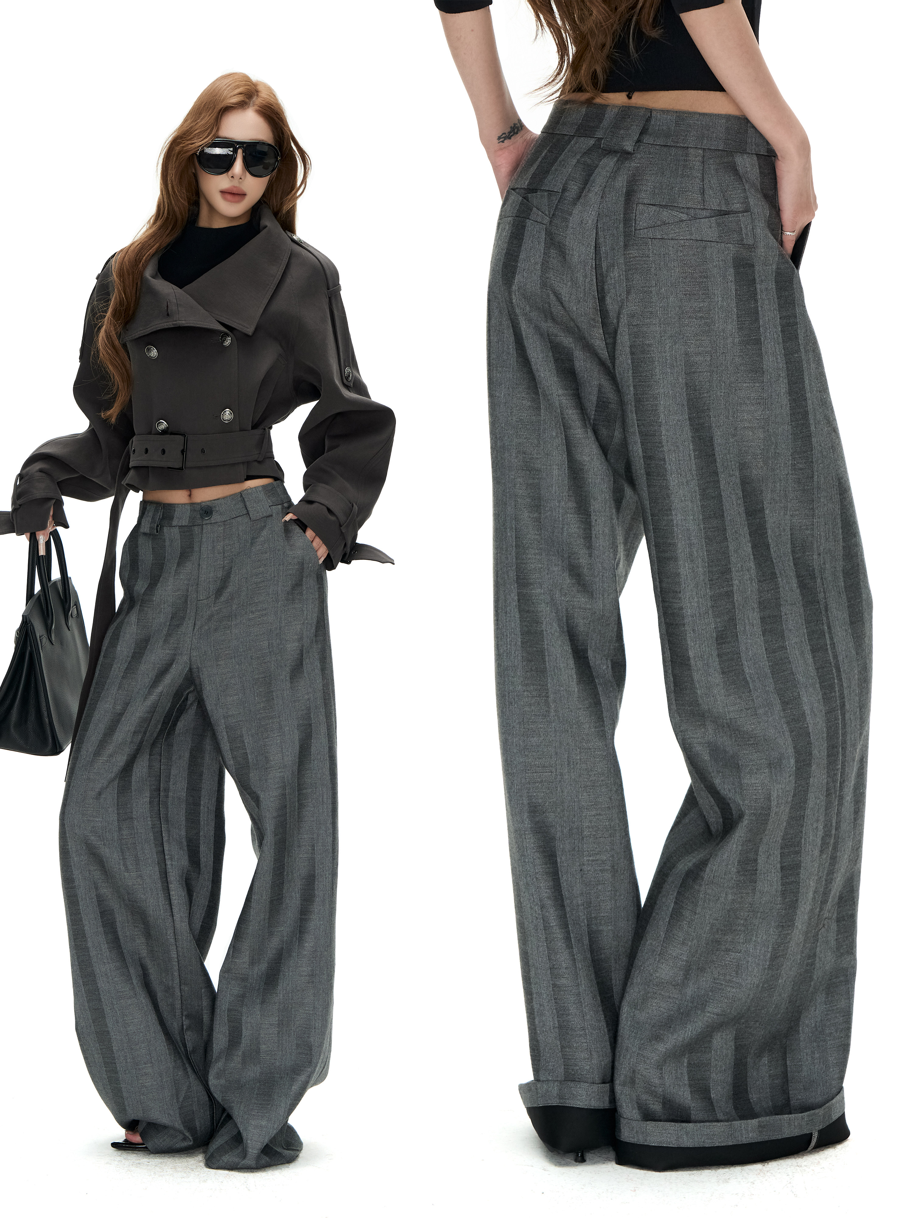 Fanpttox Elegant Workplace Drape Striped Straight-Leg Suit Casual Pants Wool Blend Non-Stretch Floor-length Pants