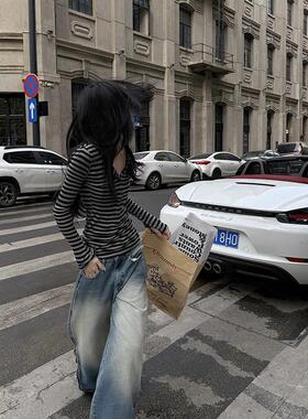 Fanptntox松弛步调 微透条纹打底衫春季修身显瘦百搭天丝羊毛上衣