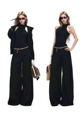 Fanptntox·立体绞花黑色无袖毛衣背心&弹力针织修身高领开衫套装