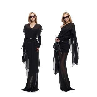 Fanptntox·黑色仿真丝时髦百搭随性设计感雪纺透视方巾 丝巾披肩