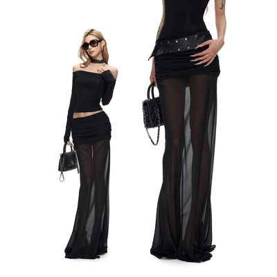 Fanptntox 黑色仿真丝抽皱长款鱼尾半身裙女显瘦垂坠飘逸网纱长裙