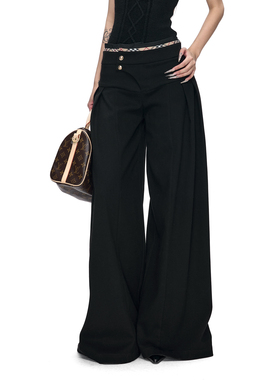 Fanptntox·英伦格型黑色斜门剪裁宽松拖地裤廓形加厚阔腿长裤