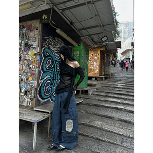 Fanptntox 美式破洞多口袋牛仔裤女夏季新款宽松阔腿裤工装长裤子