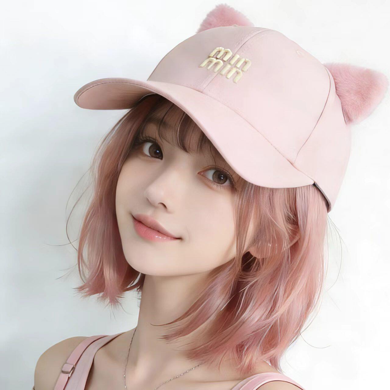 可爱甜妹淡粉色猫耳朵帽子女春夏款棒球帽鸭舌帽显脸小防晒遮阳帽