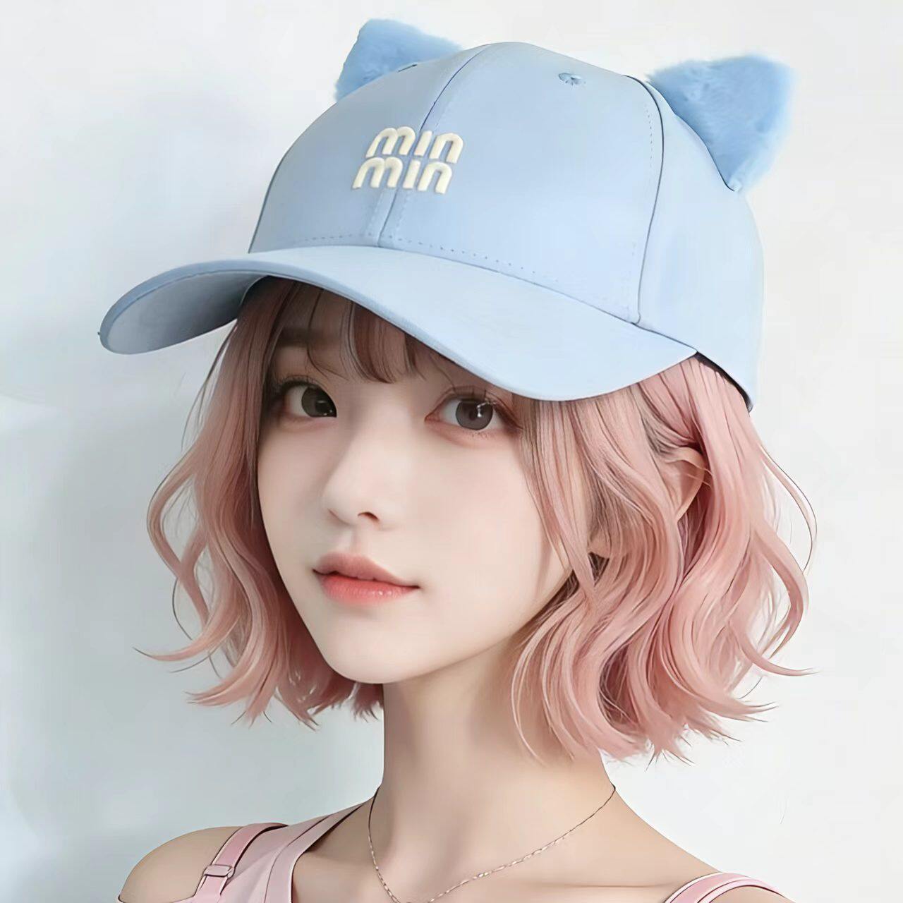 春夏可爱淡蓝色猫耳朵帽子女春夏款棒球帽鸭舌帽显脸小防晒遮阳帽