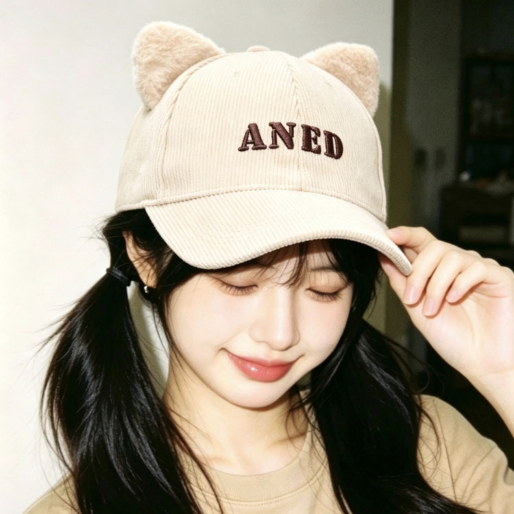 2026新款卡其色甜美毛绒小熊棒球帽女猫耳棒球帽秋冬季猫耳朵帽子