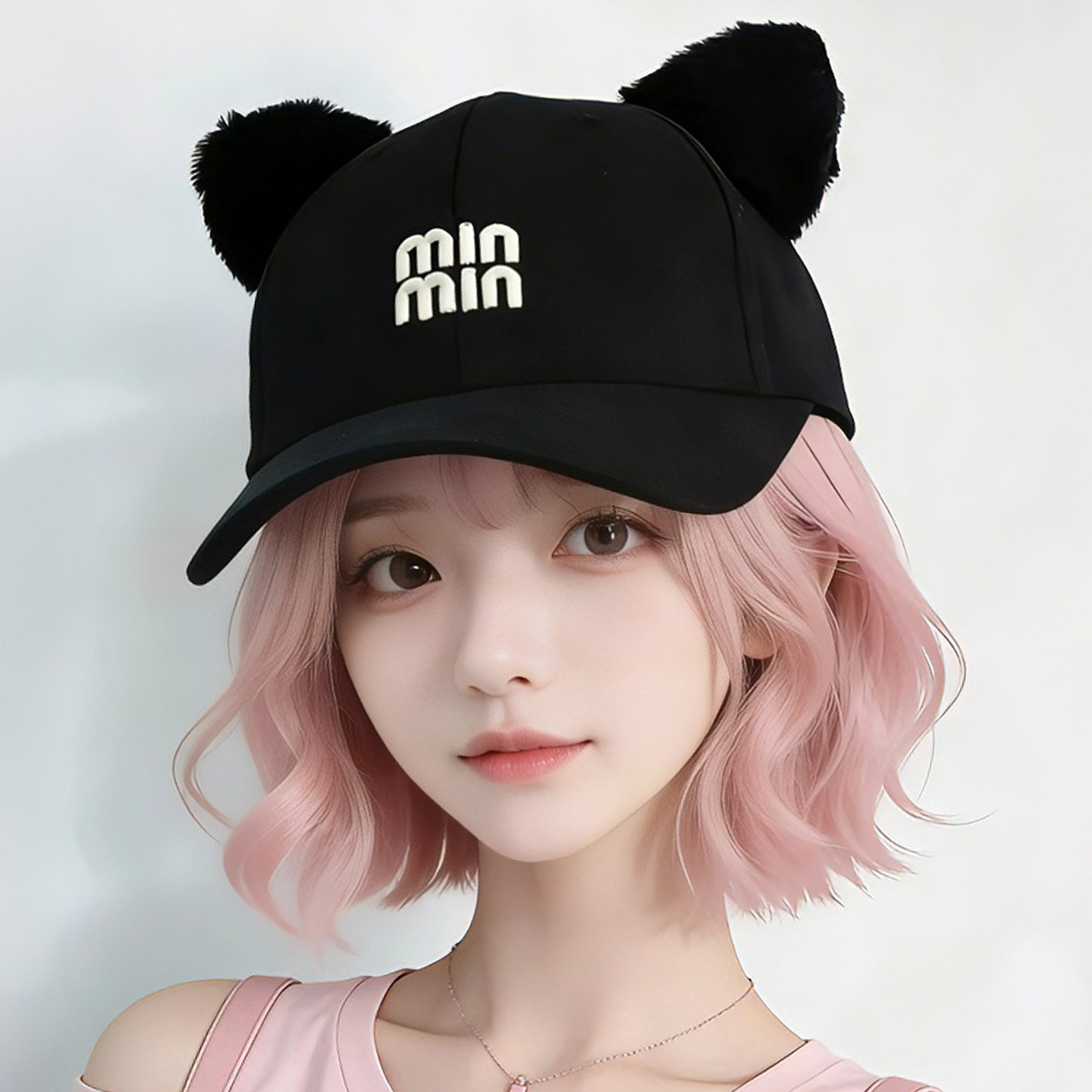 可爱甜妹淡粉色猫耳朵帽子女春夏款棒球帽鸭舌帽显脸小防晒遮阳帽