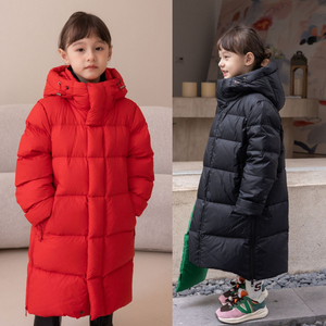 女童中长款羽绒服冬装2024新洋气过膝加厚中大童90白鸭绒连帽外套