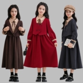 女童秋冬连衣裙洋气红色公主裙加绒亲子装 母女中大童学院风百褶裙