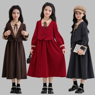 女童秋冬连衣裙洋气红色公主裙加绒亲子装母女中大童学院风百褶裙
