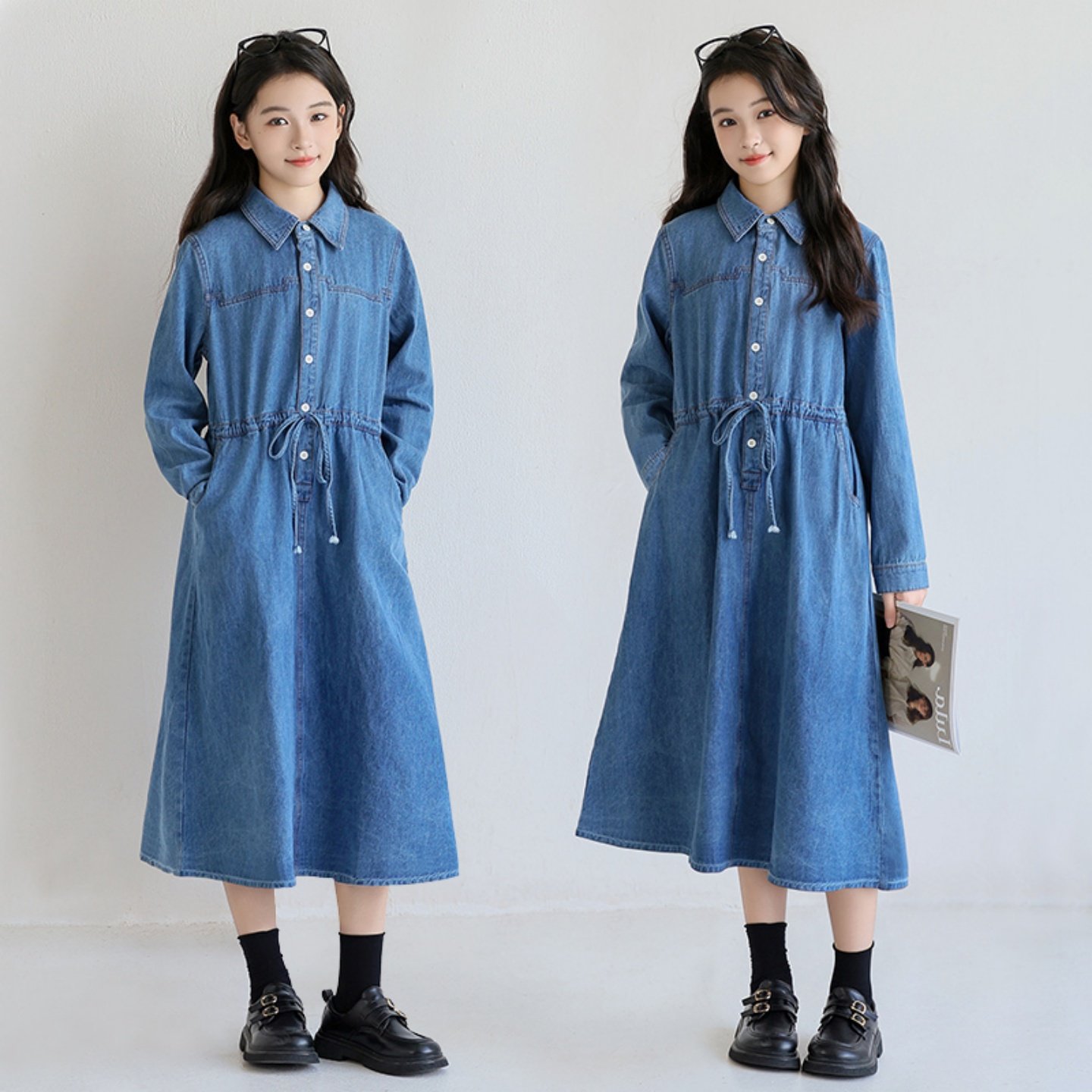 中大童连衣裙春秋长袖纯棉长裙小女孩收腰洋气裙子韩版女童牛仔裙