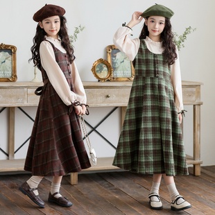 女童加绒连衣裙秋冬2025新款洋气时髦中大童长裙子女孩格子百褶裙