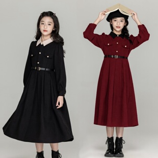 女童小香风连衣裙秋冬款学院衬衫裙气质显瘦亲子装中大童红色裙子