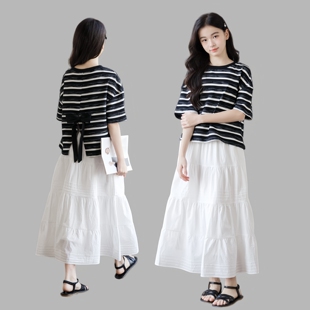 2026夏季中大童条纹T恤套装母女装亲子女童休闲出游蛋糕裙两件套