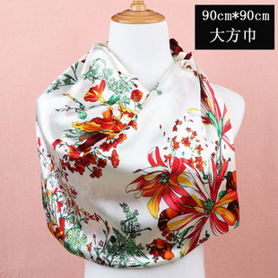 女士丝巾春秋季 2018仿真丝丝绸缎面大方巾90欧美风围巾 百搭新款