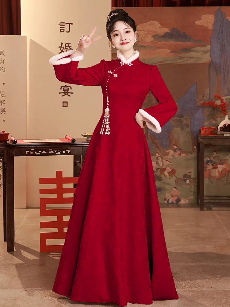 新款长袖秋冬年会旗袍酒店接待迎宾礼仪服装学生颁奖大合唱表演服