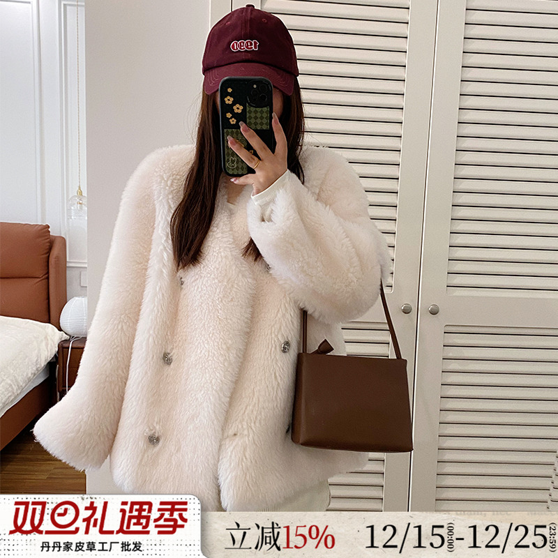 特价羊羔毛 V领双排扣托卡羊剪绒皮毛一体年轻款皮草毛毛外套女冬