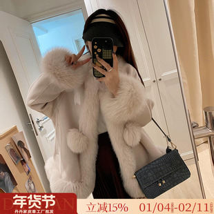 可爱毛球双面呢羊绒大衣狐狸毛领甜美显瘦韩版短款皮草女毛呢外套