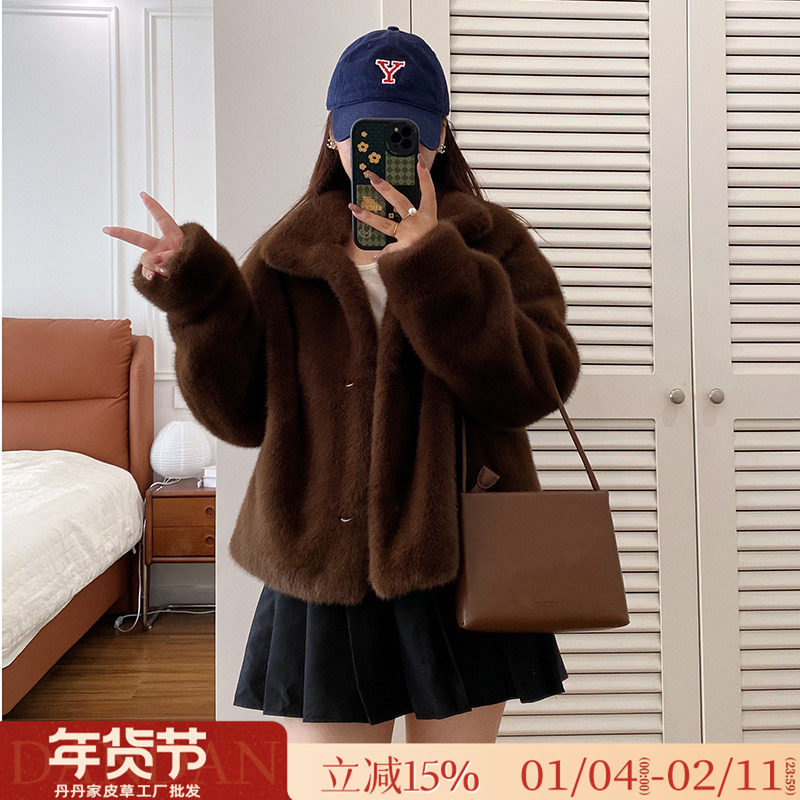 仿天鹅绒貂皮大衣皮毛一体立领短款水貂绒环保皮草女冬季毛毛外套